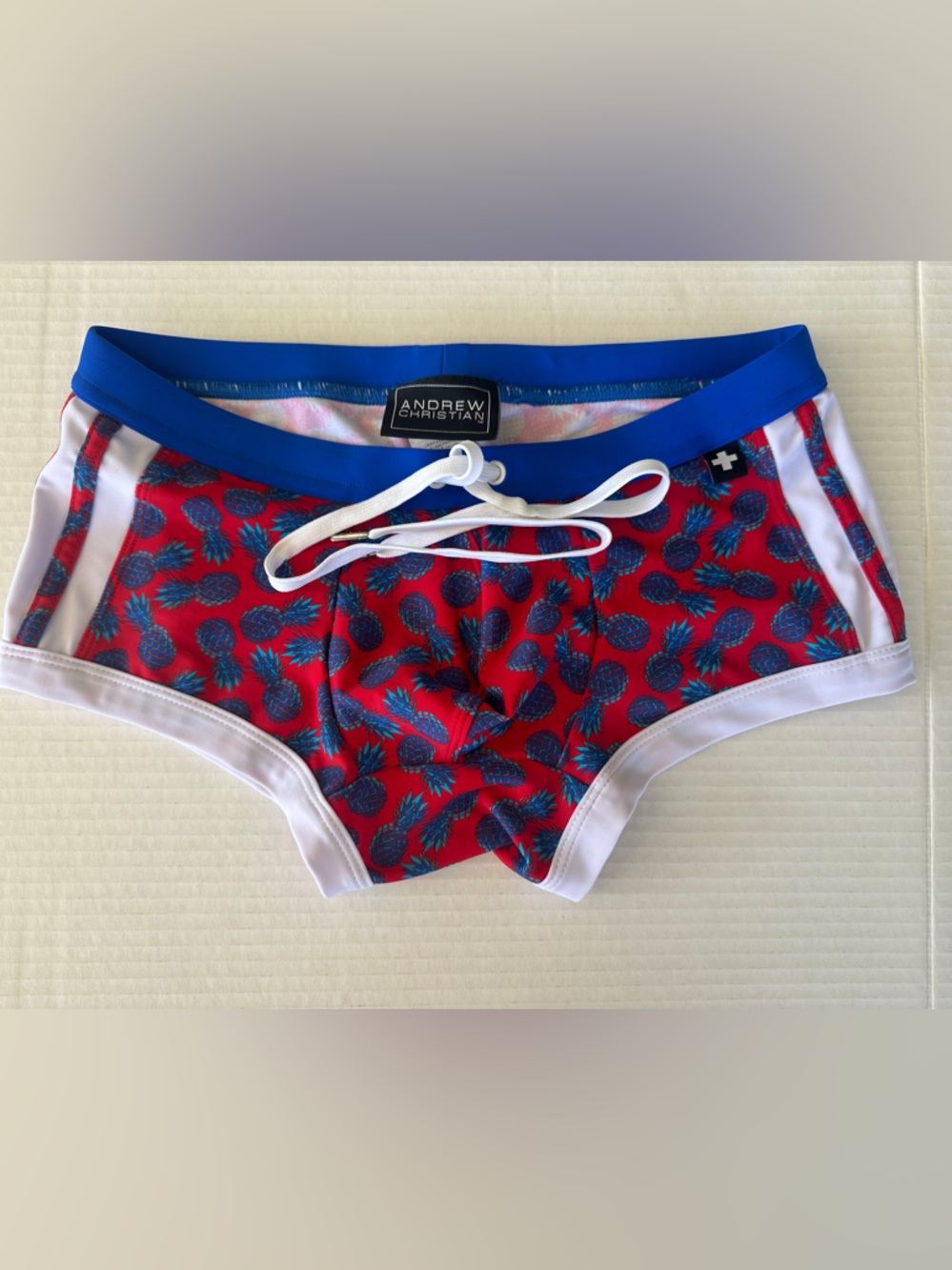 Andrew Christian Men's Swim Briefs Size S - Red & Blue Pineapple Tropical Print